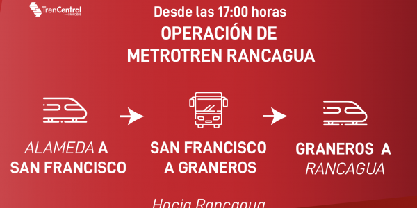 Tren Central da a conocer medidas de contingencia por afectación a vías de servicio Metrotren Rancagua para esta tarde