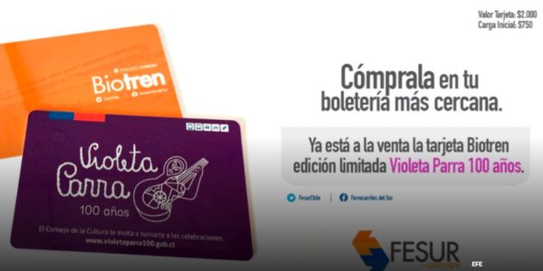 Biotren celebra a Violeta Parra con tarjeta que recuerda el centenario de su nacimiento